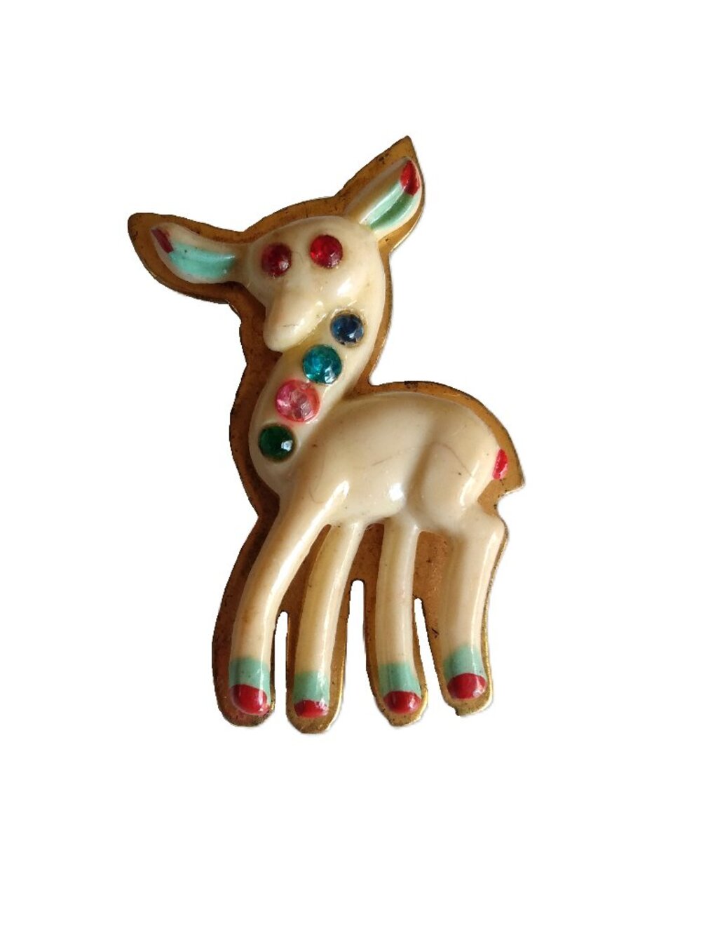 Vintage 40s Deer Brooch Brass & Painted Celluloid Coloured Rhinestones